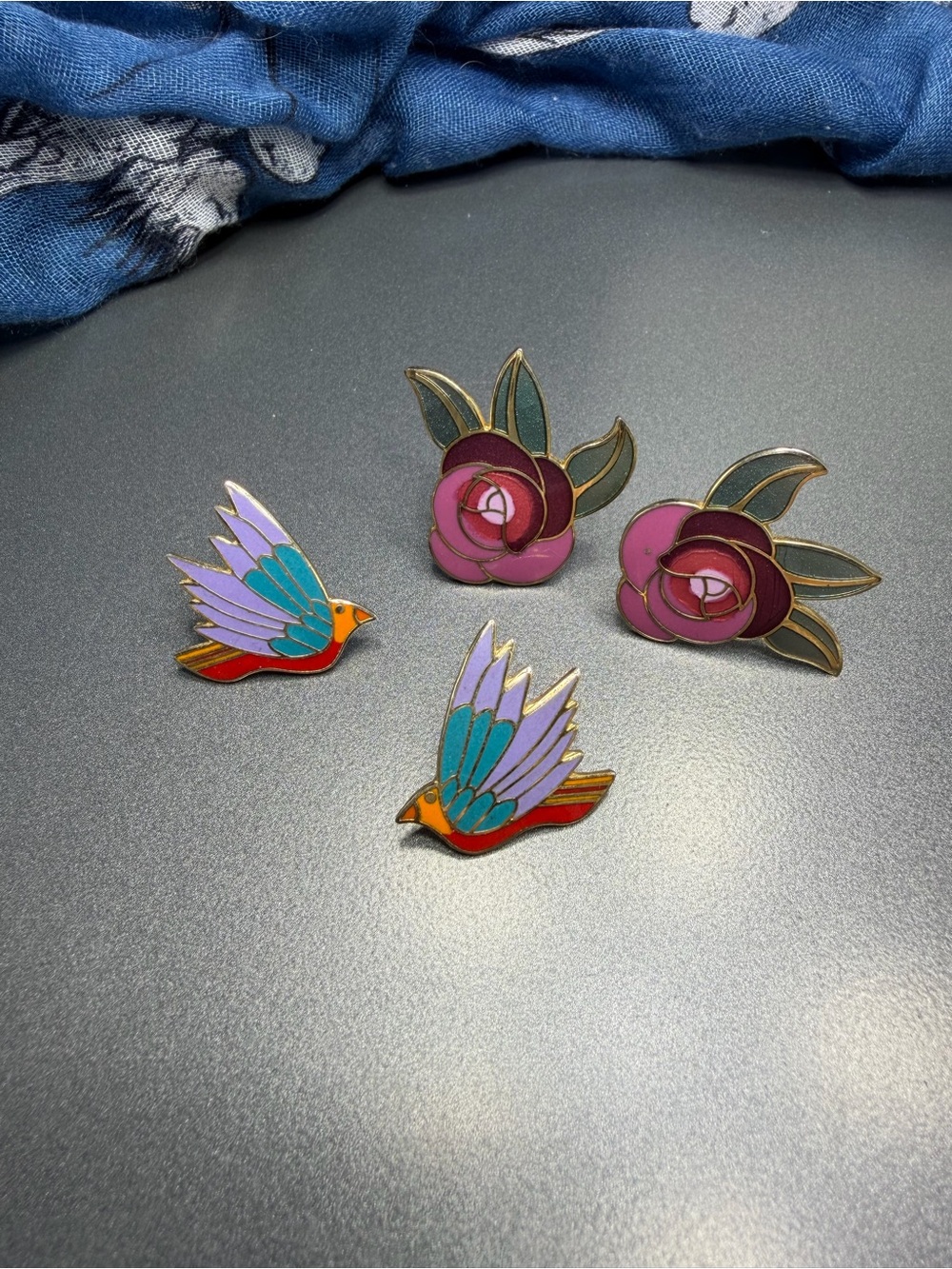 Laurel Burch Pink Rose and Multicolor Bird pierced Earrings #357se